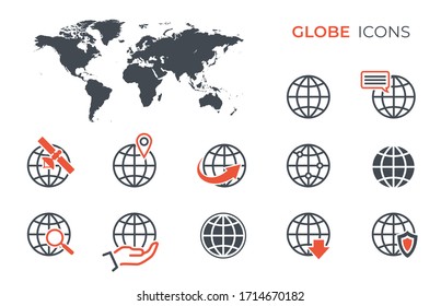 globe icon set and world map. world sign and vector globe earth icons for website and infographics