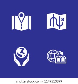 globe icon set. world in your hands, map and geography book vector icon for graphic design and web