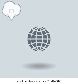 Globe icon with shadow. Cloud of download with arrow.