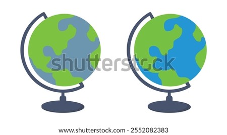 Globe icon showing world map on a stand, suitable for education, geography, travel themes, global concepts, classrooms, navigation visuals, and international content.