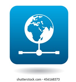 Globe icon in simple style in blue square. Geography symbol