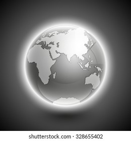 Globe icon with smooth shadows and white map of the continents of the world