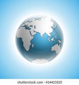 Globe icon with smooth shadows and white map of the continents of the world. Vector Illustration