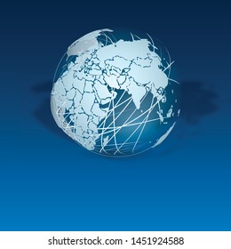 Globe icon with smooth vector shadows and white map of the continents of the world.