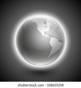 Globe icon with smooth vector shadows and white map of the continents of the world