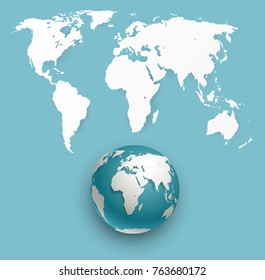 Globe icon with smooth vector shadows and white map of the continents of the world