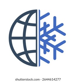 globe icon with snowflake symbol, air conditioning symbol, cold weather sign, new ice age pictogram