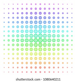 Globe icon spectrum halftone pattern. Vector globe pictograms arranged into halftone grid with vertical rainbow colors gradient. Designed for backgrounds, covers and abstraction concepts.