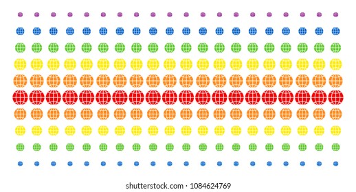 Globe icon spectrum halftone pattern. Vector symbols arranged into halftone array with vertical spectral gradient. Designed for backgrounds, covers, templates and abstraction compositions.