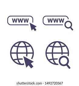 Globe Icon Symbol Set, Go To Web Icon Vector. Website, Homepage Icon Set. Icon Url, Search And Cursor