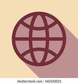 Globe Icon in trendy flat style isolated on grey background. World symbol for your web site design. Wine color icon with rosy brown flat style shadow path on wheat background.