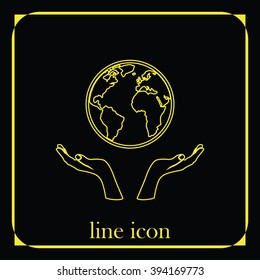 Globe icon. Two opened hands illustration.