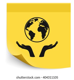 Globe icon. Two opened hands illustration.
