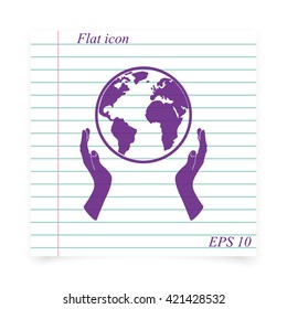 Globe icon. Two opened hands illustration.