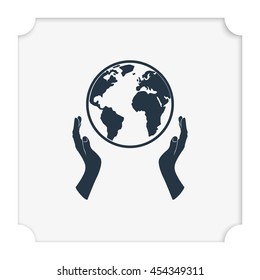 Globe icon. Two opened hands illustration.