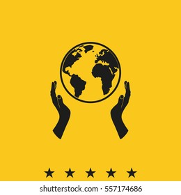 Globe icon. Two opened hands illustration.