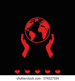 Globe icon. Two opened hands illustration.