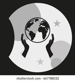Globe icon. Two opened hands illustration.