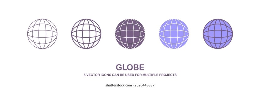 Ilustração vetorial do ícone do globo, ícone do símbolo da Web, símbolo da Web, ícone da Web, site, conjunto de ícones da homepage, clip-art da terra, um conjunto de ícones com 5 estilos diferentes