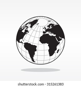 Globe icon with vector map of the continents of the world