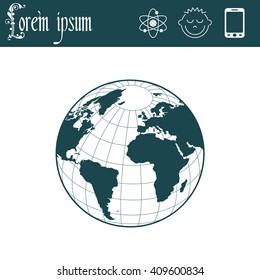 Globe icon with vector map of the continents of the world