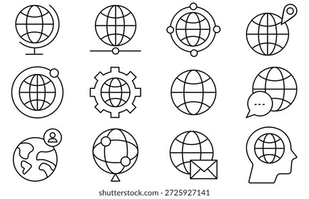 Conjunto de Vector de icono de globo. Conjunto plano de iconos del mundo, iconos de la tierra. Icono del contorno de la tierra, globo, diseño del símbolo del mundo para el App, logotipo, Web, Internet y más. Ilustración vectorial.