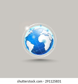 Globe icon, white map of the continents of the world.