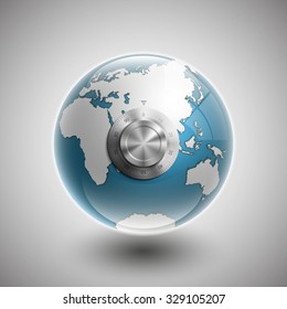 Globe icon with white map of the continents of the world with Combination Lock isolated