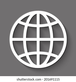 Globe icon - white vector illustration with shadow on gray background