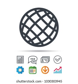 Globe icon. World or internet symbol. Statistics chart, chat speech bubble and contacts signs. Check web icon. Vector