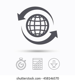 Globe icon. World or internet symbol. Stopwatch, chart graph and download arrow. Linear icons on white background. Vector