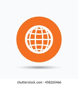 Globe icon. World or internet symbol. Orange circle button with flat web icon. Vector
