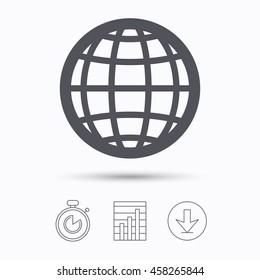 Globe icon. World or internet symbol. Stopwatch, chart graph and download arrow. Linear icons on white background. Vector