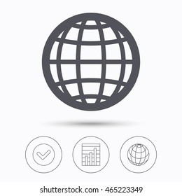 Globe icon. World or internet symbol. Check tick, graph chart and internet globe. Linear icons on white background. Vector