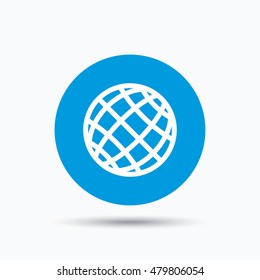 Globe icon. World or internet symbol. Blue circle button with flat web icon. Vector
