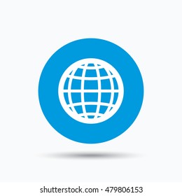 Globe icon. World or internet symbol. Blue circle button with flat web icon. Vector