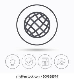 Globe icon. World or internet symbol. Chat speech bubbles. Check tick, report chart and hand click. Linear icons. Vector