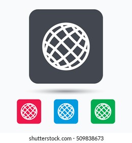 Globe icon. World or internet symbol. Colored square buttons with flat web icon. Vector