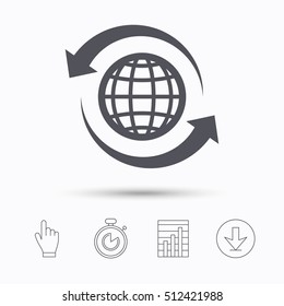 Globe icon. World or internet symbol. Stopwatch timer. Hand click, report chart and download arrow. Linear icons. Vector