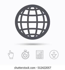 Globe icon. World or internet symbol. Stopwatch timer. Hand click, report chart and download arrow. Linear icons. Vector