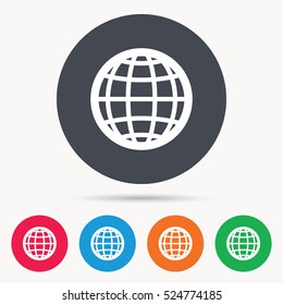 Globe icon. World or internet symbol. Colored circle buttons with flat web icon. Vector