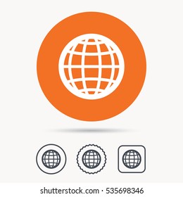 Globe icon. World or internet symbol. Orange circle button with web icon. Star and square design. Vector