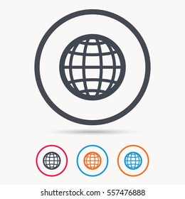 Globe icon. World or internet symbol. Colored circle buttons with flat web icon. Vector