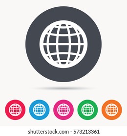 Globe icon. World or internet symbol. Colored circle buttons with flat web icon. Vector