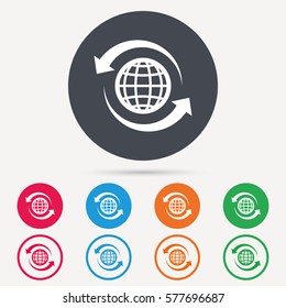 Globe icon. World or internet symbol. Round circle buttons. Colored flat web icons. Vector