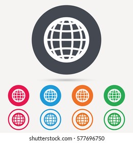 Globe icon. World or internet symbol. Round circle buttons. Colored flat web icons. Vector
