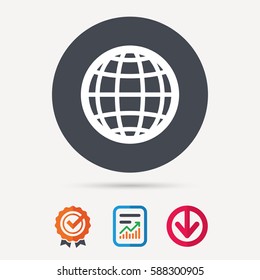 Globe icon. World or internet symbol. Report document, award medal with tick and new tag signs. Colored flat web icons. Vector