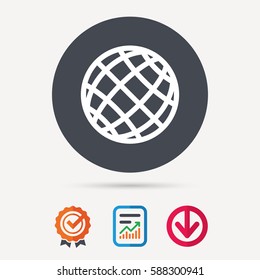 Globe icon. World or internet symbol. Report document, award medal with tick and new tag signs. Colored flat web icons. Vector