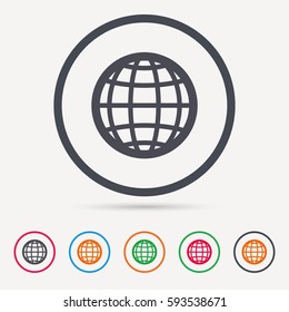 Globe icon. World or internet symbol. Round circle buttons. Colored flat web icons. Vector