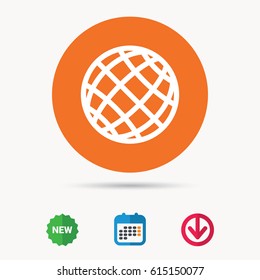 Globe icon. World or internet symbol. Calendar, download arrow and new tag signs. Colored flat web icons. Vector